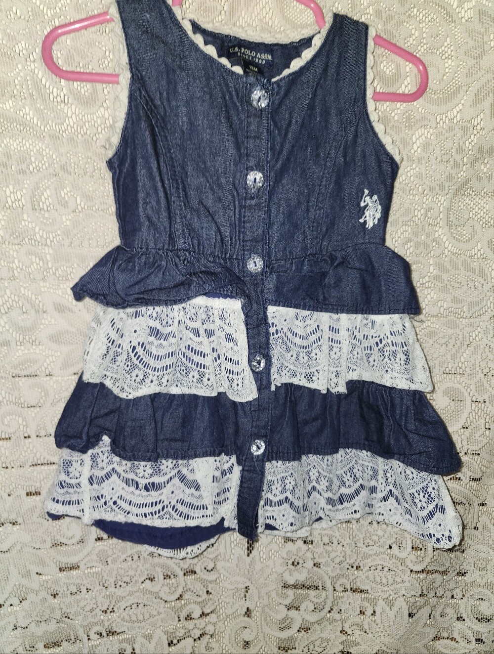 U.S. Polo Assn. Navy and White Lace Tiered Denim-Look Dress Top